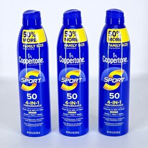 3 Pack Coppertone Sport Sunscreen SPF 50 8.3 oz ea 4-in-1 Performance Exp 07/27+